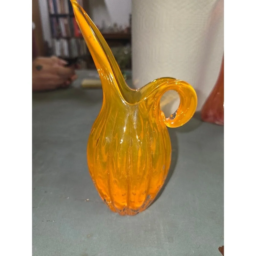 Vintage Amber Art Glass Jack in the Pulpit Pitcher Vase Ribbed Hand Blown 7.5